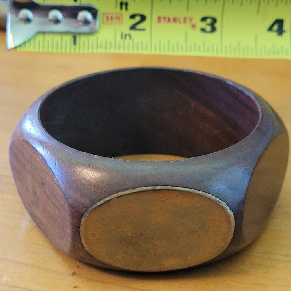Vintage Chunky Wood Brass Inlay Bangle Bracelet Wide Modernist 50g